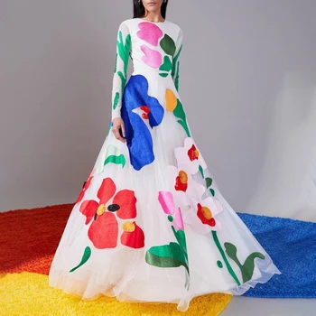 Suknelė Moterys 2023 Nauja rudens liekna juosmens korėjietiška versija Plonas vidutinio ilgio atspausdintas ilgas sijonas retro spausdinta sūpynės ilgomis rankovėmis