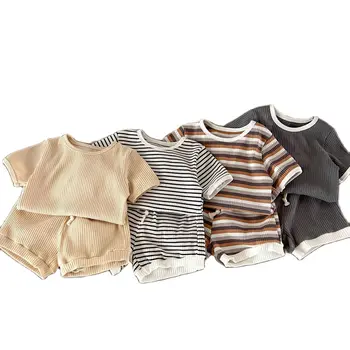 Summer Baby Marškinėliai trumpomis rankovėmis Suit Girl Infant Tops+Shorts 2vnt Boy Pit dryžuotos medvilnės kieto laisvalaikio trikotažo komplektas