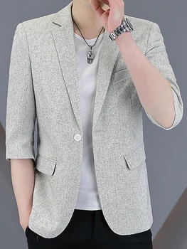 Summer Men Blazer Septynių taškų rankovės vieno mygtuko vienspalvis paltas 2023 Korėjos lieknos viršūnės mados verslo laisvalaikio kostiumo švarkas