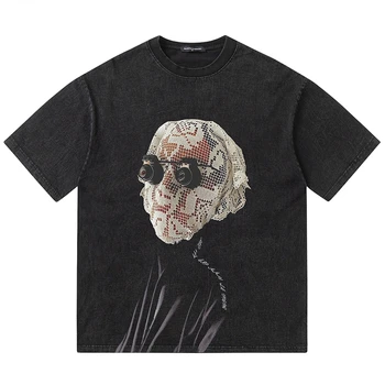 Summer Men Washed Trumpomis rankovėmis marškinėliai Hip Hop Vintage Funny Graphic T-Shirts Streetwear Harajuku Casual Cotton Tops Tees Unisex