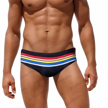 Summer Mens Rainbow dryžuoti maudymosi kostiumėliai Seksualūs žemo juosmens maišelio pagalvėlės Maudymosi trumpikės Aukštos kokybės vyrų sportas Paplūdimys Greitai sausi maudymosi kostiumai