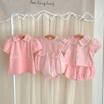 Summer New Baby Girl Jumpsuit Out Cute Polo Dress Sweet Solid Loose Turn-down Collar Tops Big Pp Cotton Shorts Weekly Dress