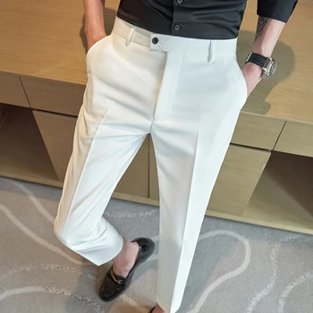 Summer Simple White Suit Kelnės vyrams Slim Fit Business Casual Dress Pants Ankle Length Social Streetwear Kelnės 2023