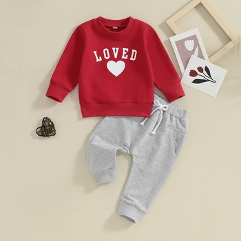 SUNSIOM Mažylių berniukų Valentino dienos apranga Širdies laiškas Spausdinti džemperiai ilgomis rankovėmis ir ilgos kelnės 2Vnt drabužių komplektas