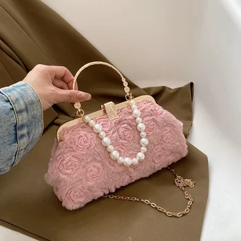 Super Soft Plush Pearl Chain rankinė Romantiškas rožių gėlių raštas Pečių krepšys Prabangus dizainerio Trend Vienspalvis moteriškas krepšys
