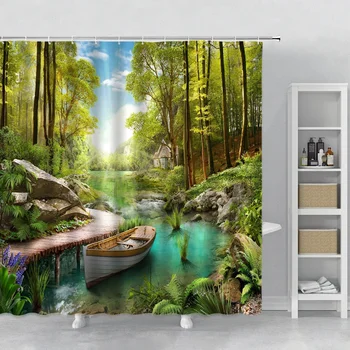 Svajonių miško dušo užuolaida Žalias namelis medyje Spausdinimas Vonios kambario užuolaida Žalias lapinis augalas Abstraktus vonios kambario dekoro poliesterio kabliukas