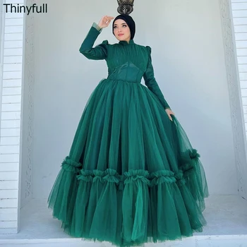 Thinyfull A-line arabų musulmonų tiulio vakarinės suknelės aukštu kaklu ilgomis rankovėmis prom chalatas grindų ilgio oficiali proga suknelė