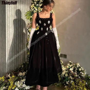 Thinyfull Black Prom suknelės A-line Square Collar Berankovė gimtadienio vakarėlio suknelė Aksominė krištolo mergina 2024 Elegantiška vakarinė suknelė