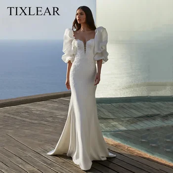 Tilxlear Paprasta undinėlės vestuvinė suknelė V-Neck Puff Half Sleeves Backless Zipper Floor Length Bridal Gown Vestido De Noiva Nauja