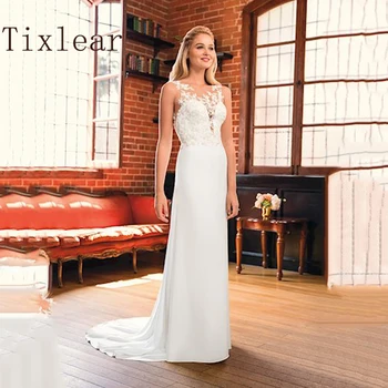 Tixlear vestuvinės suknelės Nėriniai Satin Summer Beach Vestuviniai berankoviai siuvinėti nėriniai ant tinklo Wentilate Vestuviniai chalatai