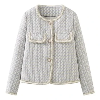 Traf Vintage Woman Small Fragrance Tweed Jacket Top Cardigan Coat Autumn Button Female Packet Elegant Plaid Short Outwear 2023
