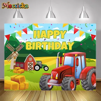 Traktorius Ūkinis kiemas Su gimtadieniu reklamjuostė Fonas Ūkio tema Dekoras vaikams 1-ojo gimtadienio vakarėlis Kūdikių dušo reikmenų fonas