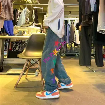 Trend Retro Hip-Hop Street Joker Casual Loose Straight Jeans Wide-Legs Pants American New High Street Stars Printed Men Jeans Y2K