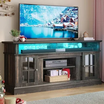 TV stovas televizoriui iki 65 colių, tradicinės žiniasklaidos pramogų centro konsolės stalas su reguliuojamomis laikymo lentynomis stiklinės durys