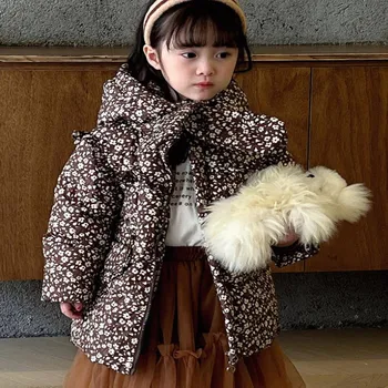 Vaikai spausdina apatinę striukę Žiema Naujas saldaus stiliaus gėlių viršutiniai drabužiai Vaikai Storesni korėjietiški paltai 2-8 metai Wz1257