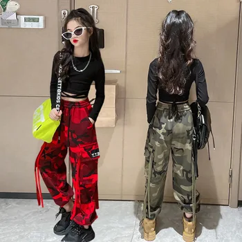 Vaikų drabužiai Apranga Pavasario rudens suvarstomi trumpi marškiniai Kamufliažinės kelnės 2PCS Girls Hip-Hop Dance Sets Kid Kostiumas ilgomis rankovėmis