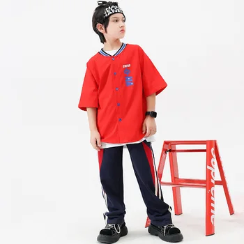 Vaikų drabužiai Berniukai Raudonos raidės Spausdinti Striukės Beisbolo uniforma Navy Mėlyna Elastinis juosmuo Sportinės kelnės 2vnt Hip Hop Dance kostiumas