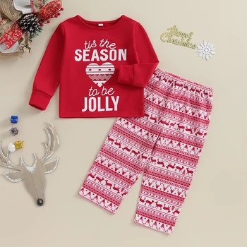 Vaikų kalėdinių pižamų rinkinys Laiškų spausdinimas Marškiniai ilgomis rankovėmis ir briedžių spausdinimas Elastinės kelnės Poilsio drabužiai Miego drabužiai Namų apranga 3-7Metai