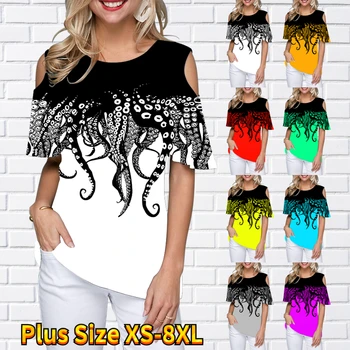 Vasaros moterų mada Naujo dizaino spausdinimas Laisvi marškinėliai Elegantiški laisvalaikio oversized viršus nuo peties Trumpomis rankovėmis apvalus kaklas