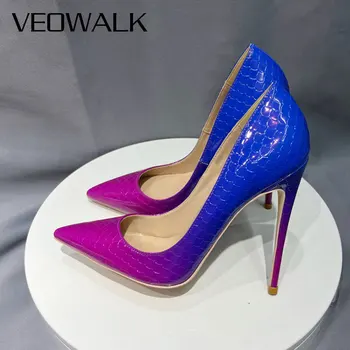Veowalk gradient Blue Rose Pink Croco-Effect Women Pointy Toe Fashion High Heel Shoes Sexy Slip On Stiletto Pumps Size 3-12.5