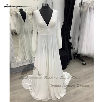 Vestido Simple A Line Šifono vestuvinės suknelės moterims 2023 m. vasaros paplūdimio pūstos suknelės ilgomis rankovėmis Nuotakos suknelės Atidaryti atgal