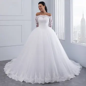 Vestuviniai drabužiai Balta vestuvinė suknelė Rutulinė suknelė Elegantiška siuvinėta nėriniai nuo peties Vestuvinė suknelė Vestuvinė suknelė