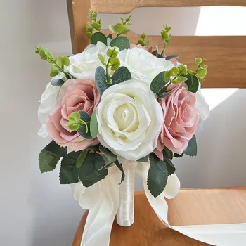 Vestuvių puokštės Baltos nuotakos puokštės Dramblio kaulo šilko rožės Dirbtinės gėlės Vestuvinės pamergės Puokštė Santuokos dekoras
