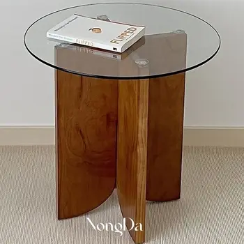 Viduramžių rudas stalas Stiklas Medžio masyvo kavos staliukas Sofa Šoninis staliukas Mažas apvalus galinis staliukas Naktiniai skaitymo stalai