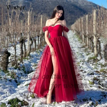 Viisher Burgundy Tulle Prom Party Dress Sweetheart 3D Flowers Off Shoulder A Line Evening Party Gowns Lace Up Back
