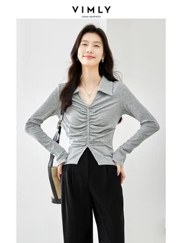 Vimly V Neck Slim marškinėliai moterims 2023 Autumn Fold Waisted Grey ilgomis rankovėmis Tops Ladies Lapel Base Marškiniai Moteriški drabužiai 72107