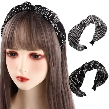 Vintage Elegant Check Lattice Wide Side Flower Korean Head Wrap Women Hair Hoop Knot Headband Grid Hairbands