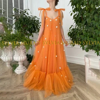 Vintage Long A Line vakarinė suknelė Daisy Appliques Bow Spaghetti Dirželiai Oranžinė Tulle Prom suknelė Vakarėlio suknelė