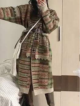 Vintažinis megztas megztinis Moterys Ruduo Žiema Laisvas retro kontrastinis skydelis Aukštas kaklas Vidutinio ilgio virš kelių Megztinis Paltas Drabužiai