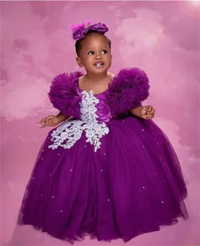 Violetiniai nėrinių kristalai Gėlių mergaitės suknelės Rutulinis chalatas Tiulis Elegantiškas Lilttle Kids gimtadienis Pageant Weddding chalatai Grindų ilgis 2024