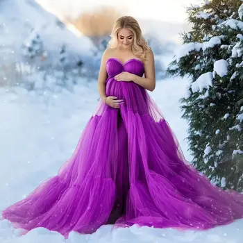 Violetinės mielaširdingos prom suknelės Tiulio pamušalas Maxi chalatas Nėštumas Kūdikio dušo suknelė Vestido de Novia Moterų fotografijos rekvizitai