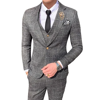 Vyriški 3 vnt. Britų pledų verslo oficialaus kostiumo komplektas / Vyriškas kostiumas Slim Fit Groom Vestuvinė striukė Paltas Kelnės Liemenė Prom Blazer