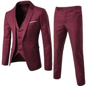 Vyriško prekės ženklo kostiumai Blazer 3 Vnt Vynas Raudona Elegantiškas plonas prigludimo mygtukas Suknelės kostiumas Liemenė Vakarėlis Vestuvės Oficialus verslas Laisvalaikis Terno