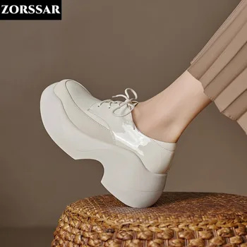 White Platform Shoes Women Oxford Shoes High Heel Platform Casual Shoe Lace up Leather Shoes Siuvimas apvalus Toe Zapatos Mujer