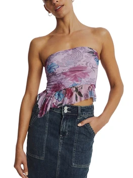 Women s Floral Print Tube Tops Spetless Amismetrical Ruffle Trim Bandeau Tops Summer Shirt