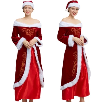Xmas Kalėdų senelio kostiumas Raudona suknelė moterims Mada ilgomis rankovėmis kalėdinis vakarėlis Cosplay Off Shoulder Style