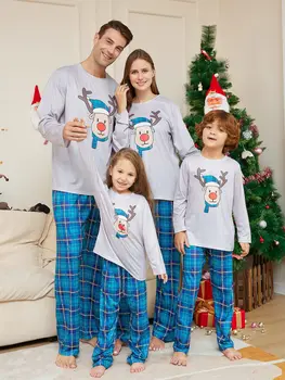 Xmas pižamų apranga Šeimos atitikimas 2024 m. Naujųjų metų briedžių pledas Atspausdintas 2PCS pižamos kelnės Spausdinti Suaugę vaikai Kūdikių kalėdiniai drabužiai