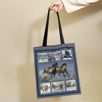 Yikeluo Arklių tapyba Spausdinimas Ponios drobės krepšys Arklys Didelės talpos ekologiškas pirkinių krepšys Laisvalaikio rankinė Gyvūnų tote