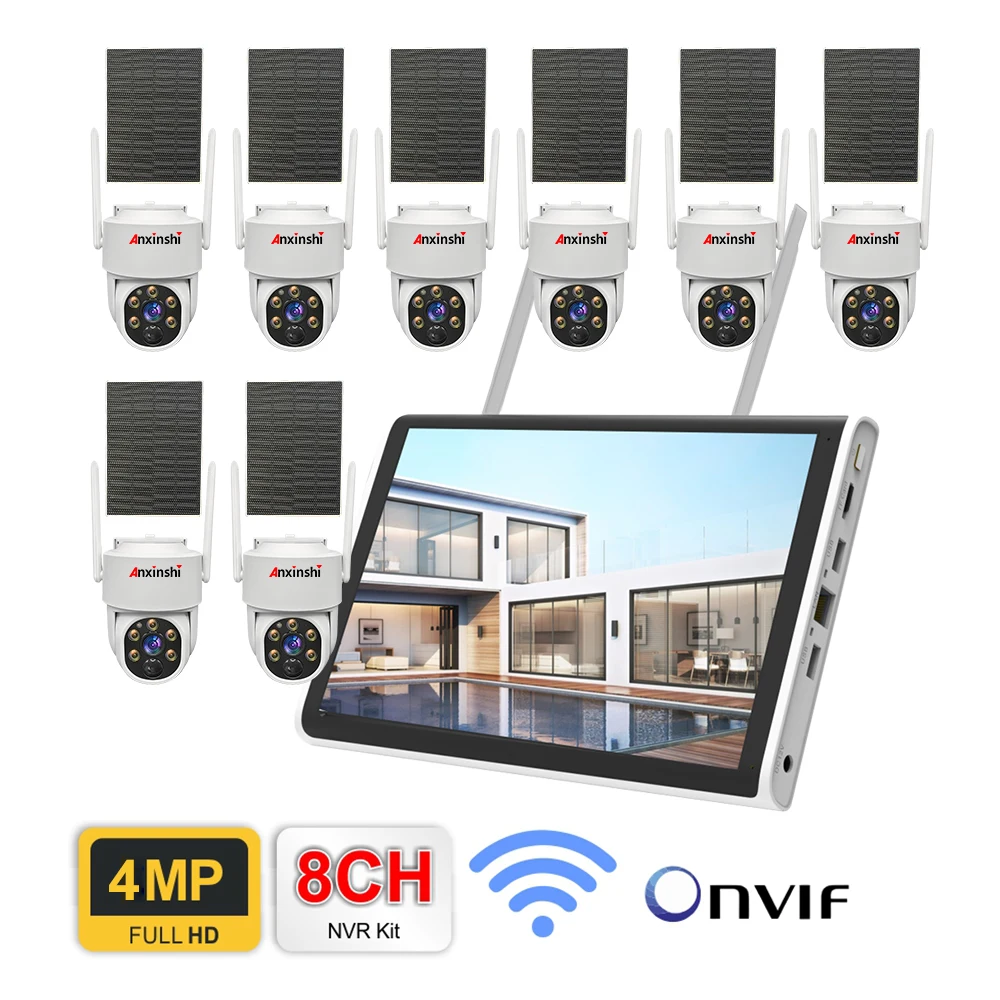 10 colių ekrano tinklas, DVR &wifi PTZ saulės baterijos kamera Belaidė saugumo stebėjimo NVR sistema Komplektas mažas energijos suvartojimas