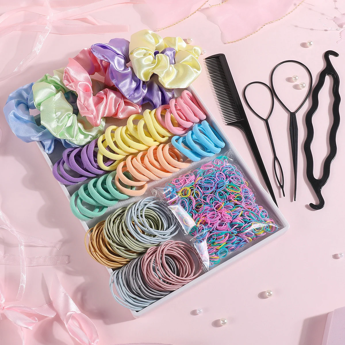 1159Pcs Girls Hair Accessories Sets Satin Scrunchies Candy Color Nylon Hair Ties Children Elastic Rubber Bands Ponytail Holder