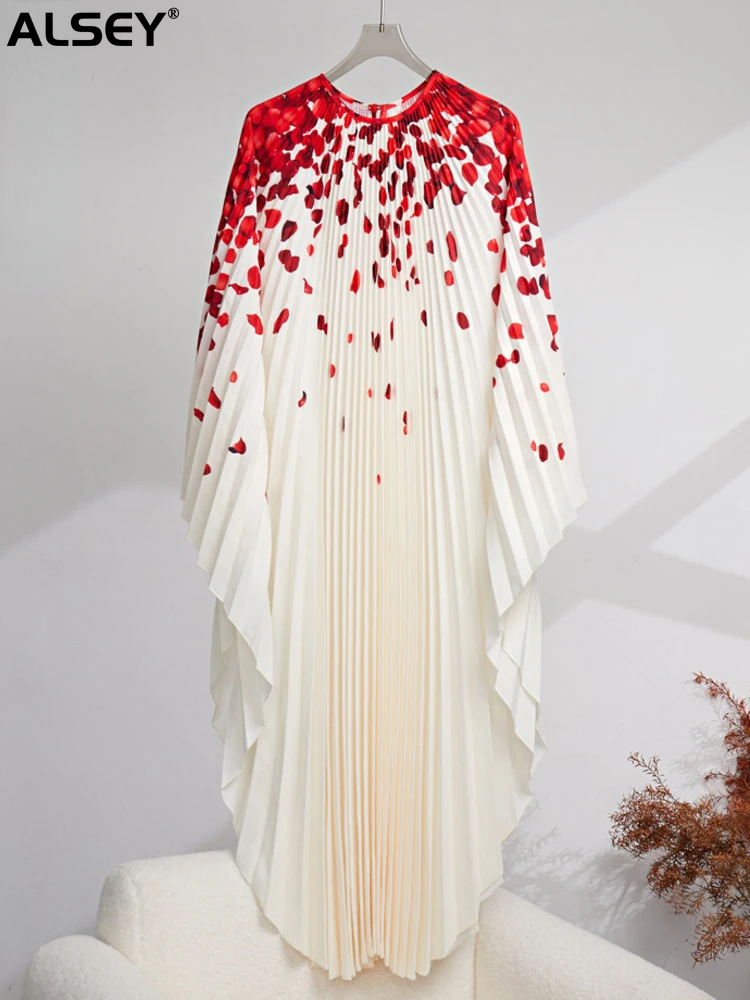 ALSEY Miyake Plisuota mada Margintos suknelės apvaliu kaklu Batwing rankovėmis moterims Pavasario rudens naujos elegantiškos plius dydžio suknelės