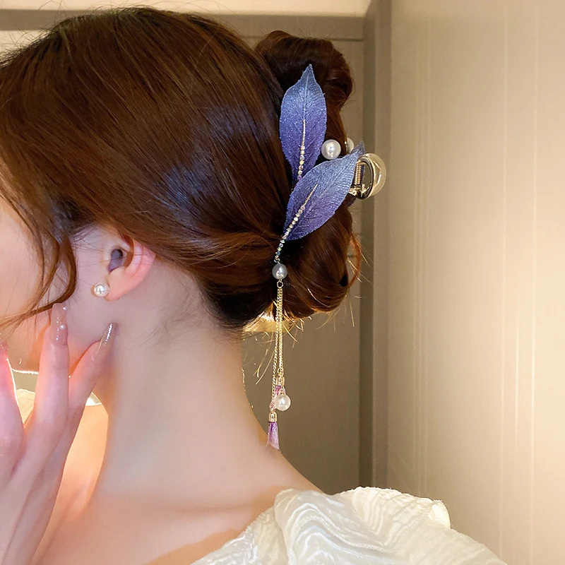 Diamond Pearl Purple Leaf Hair Claws Clips Elegant Kutas Hair Clip Women Fashion Versatile Jewelry Headwear Accessories