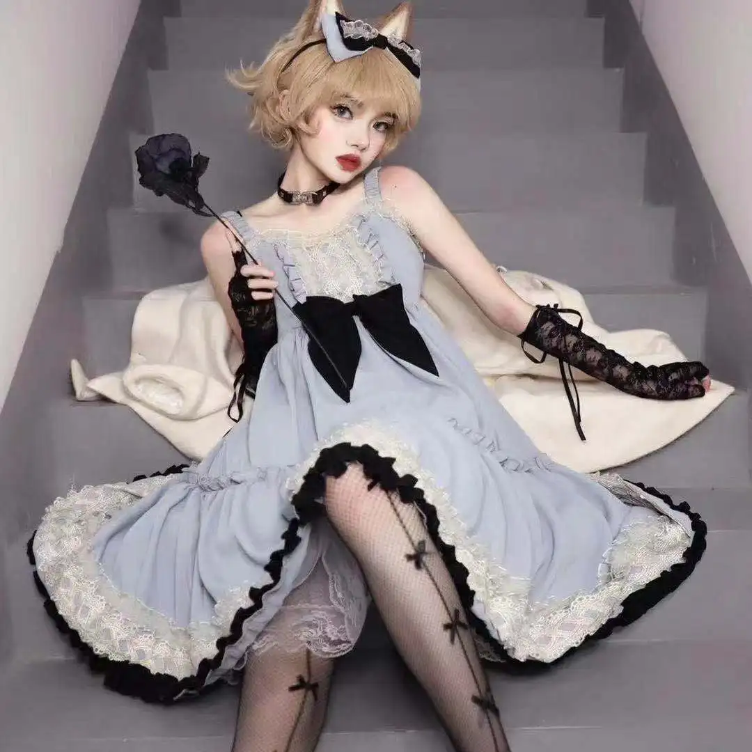 Japonų gotikinė Lolita Jsk suknelė Moterys Vintažinės saldžios mėlynos berankovės princesės vakarėlio suknelės Merginos Kawaii nėriniuotas lankas Y2k suknelė