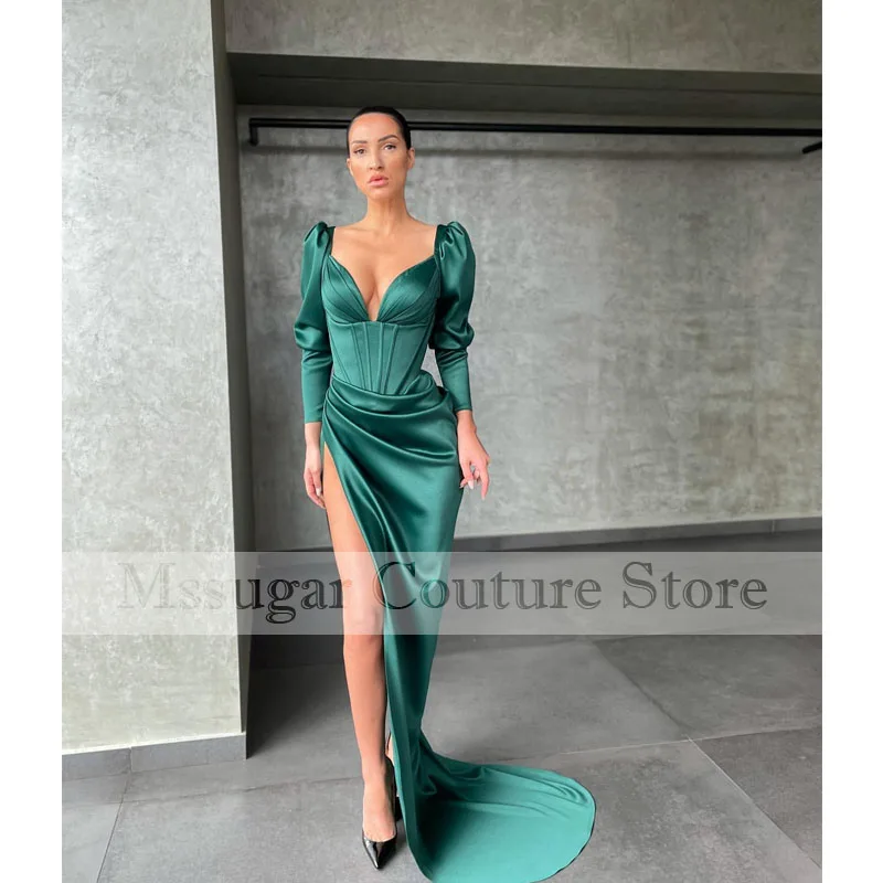 2022 Longsleeves Undinės vakarinės suknelės High Split Sweetheart Satin Prom Dress De Soire Sirene