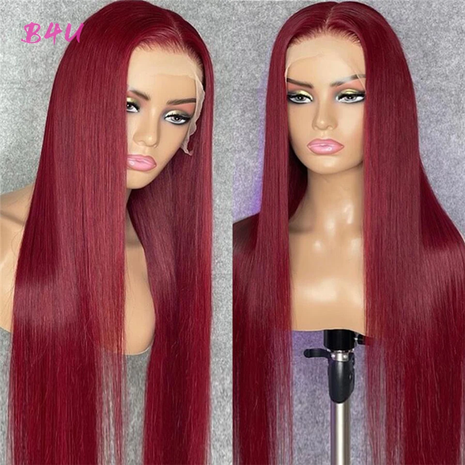 32 colių 99j nėrinių priekinis perukas Tranparent nėrinių priekyje Žmogaus plaukų perukai Raudonos spalvos bordo nėrinių perukas 13x4 tiesus nėrinių priekinis perukas