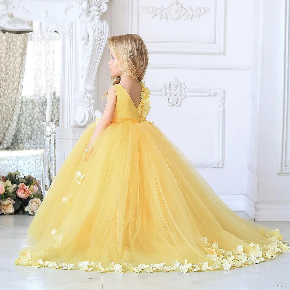 3D Aplikacija Tiulis Pūkuota gėlė Mergaitė Suknelė be rankovių Grindų ilgis Pageant Prom suknelė Vaiko gimtadienis Vestuvės Šventoji Komunija Suknelė